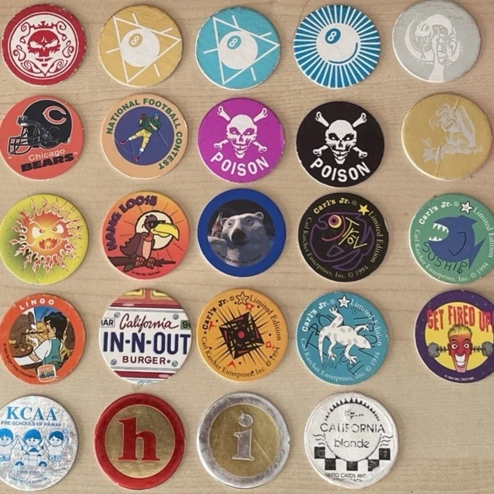 Random Mixed LOT Of 62 POGS‎ MILK CAPS + tube 90s Skull 8 Ball REN & Stimpy Art